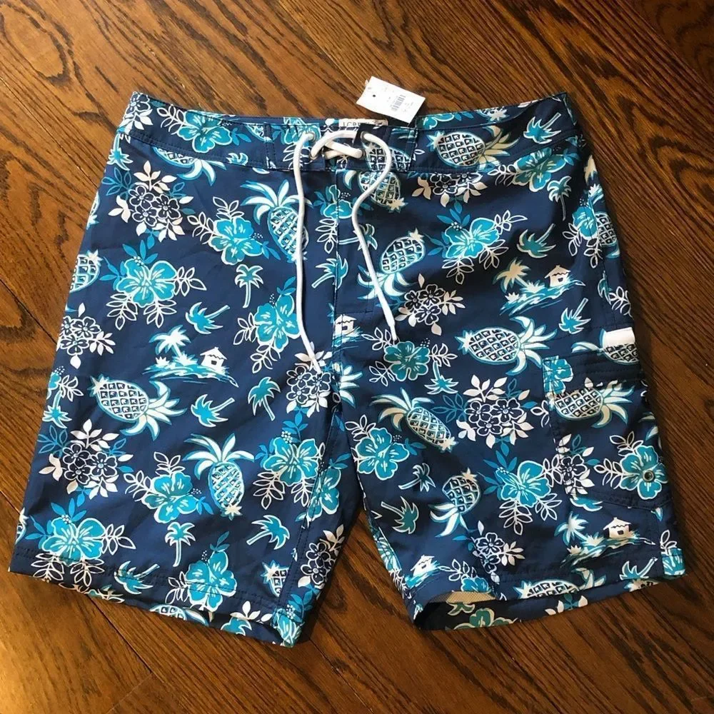 J.Crew Mens Lined Swim Trunks Hawaiian Navy Turquoise Sz 33 NWT